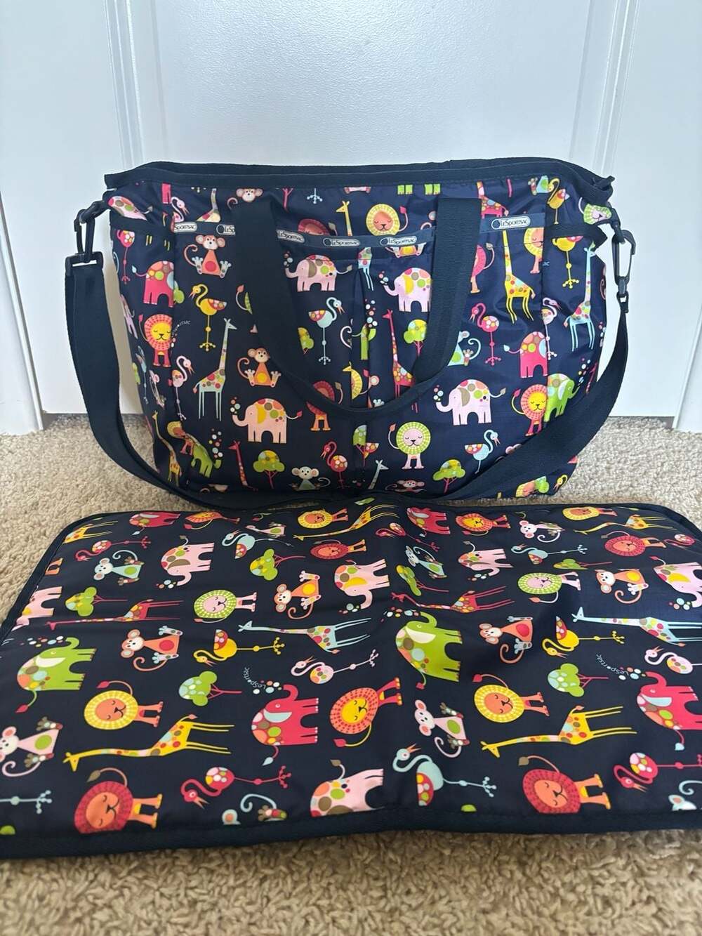 LeSportsac Ryan Baby Diaper Bag with Matching Changing Pad in Colorful Zoo Print